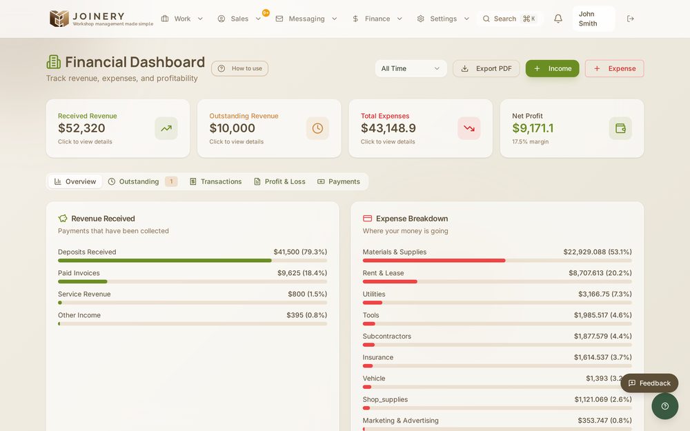 Joinery financial dashboard showing revenue, expenses, and net profit