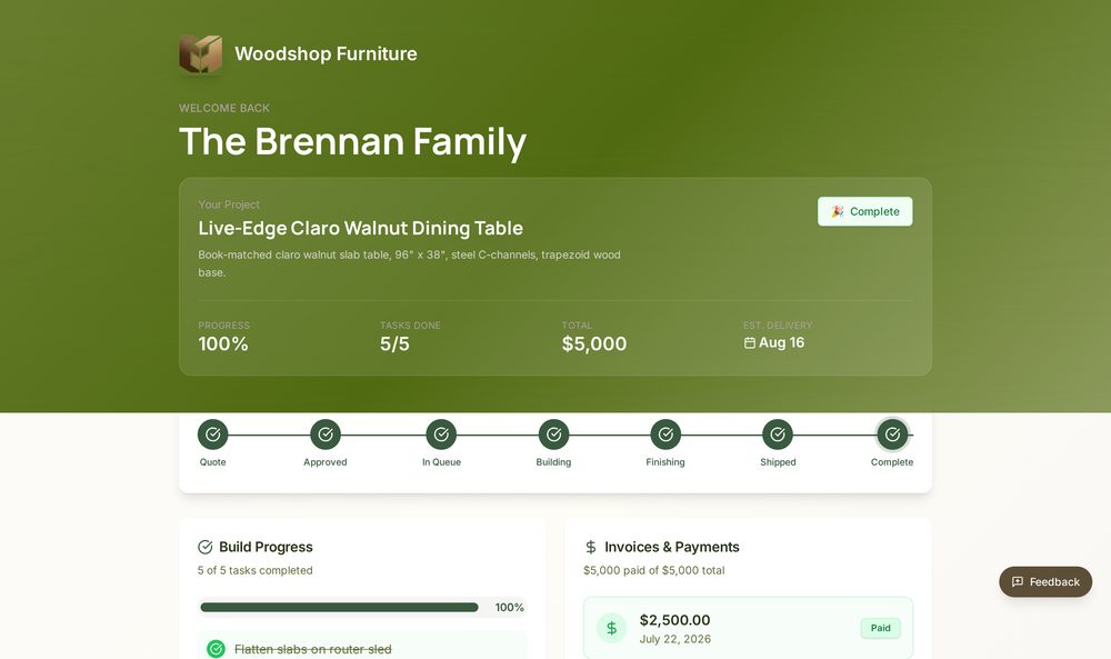 Joinery branded client portal showing project progress timeline and payments