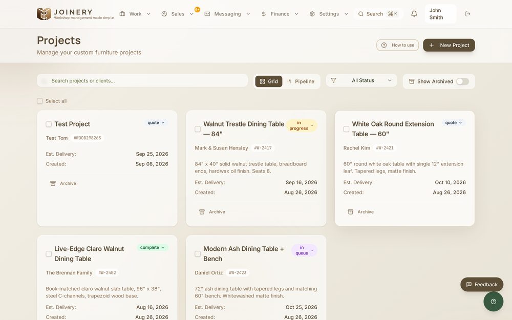 Joinery projects board showing custom furniture jobs and their statuses