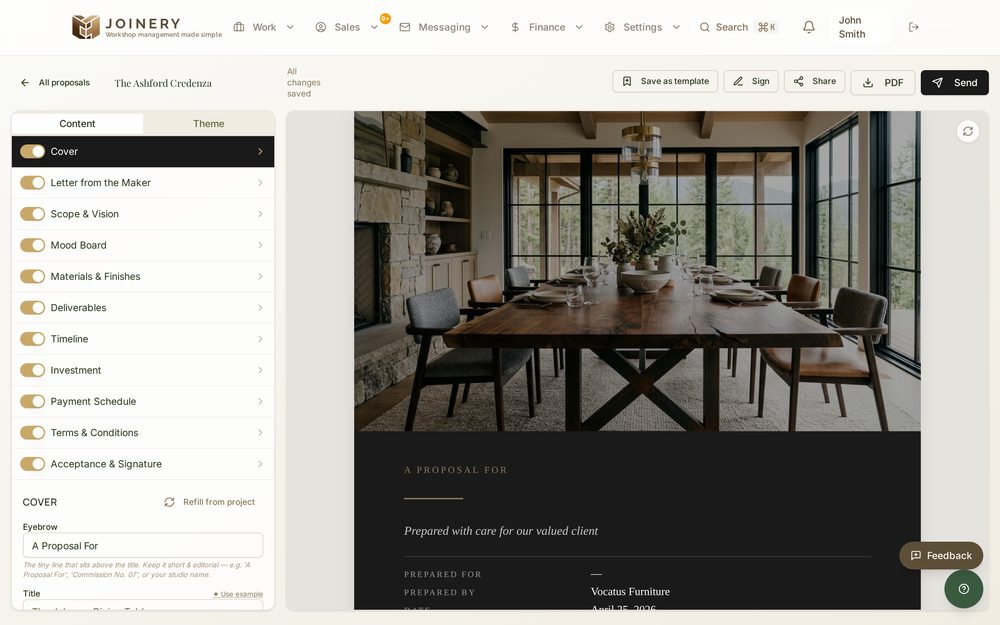 Joinery luxury proposal builder with cover, materials, and investment sections